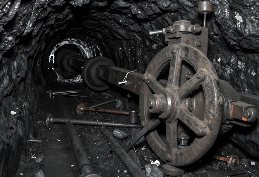 Coal mining industry and energy production, heavy machinery and industrial equipment inside a dark underground tunnel for resource extraction operations