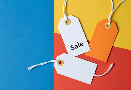 Sale and retail discount concept, colorful price tags with marketing promotion and shopping clearance event on a geometric paper background