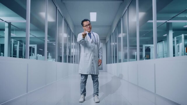 Full Body Of Asian Male Doctor Showing No Gesture While Standing In A Hospital Corridor