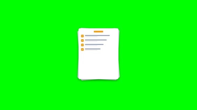 Stacked layered document sheet with checklist and checkmarks on green screen