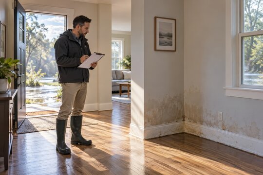 inspector records wall damage in a sunlit room