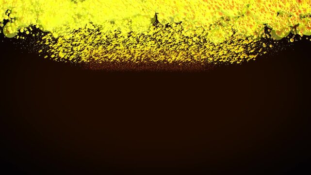Golden yellow particle swarm with glowing bubbles and streaking sparks along top edge over dark brown backdrop, animated copy space background for text titles