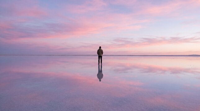 Traveler Reflected on Mirror Salt Flat Under Pastel Sky