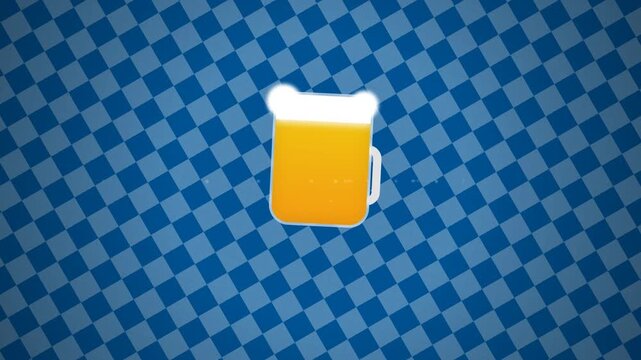 Animated Beer Mug Floating on a Blue Checkered Background.