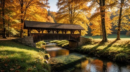 Obraz premium Small wooden covered bridge crosses calm forest stream in autumn park. Golden fall foliage surrounds stone pillars, river. Peaceful landscape with yellow trees, green grass, sunlight creates serene