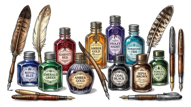Antique calligraphy ink bottles with peacock feather and fountain pens set
