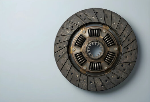 Automotive maintenance and repair, car clutch disc for manual transmission system, mechanical engineering and vehicle spare parts on a neutral background