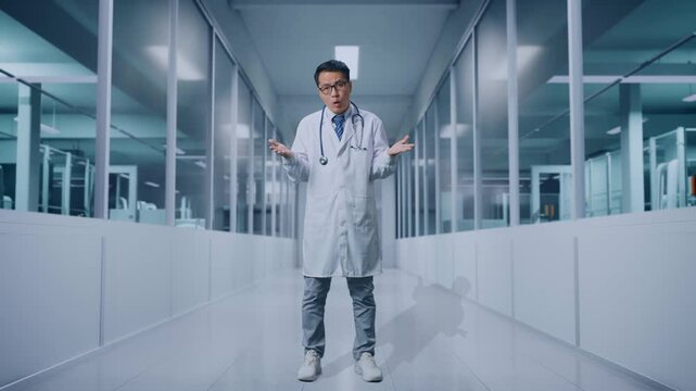 Full Body Of Asian Male Doctor Showing Puzzled Gesture And Saying What In A Hospital Corridor