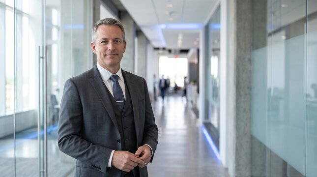 Cybersecurity Executive Leadership and Corporate Governance Portrait, CISO Executive in Charcoal Suit Standing in Modern Corporate Hallway