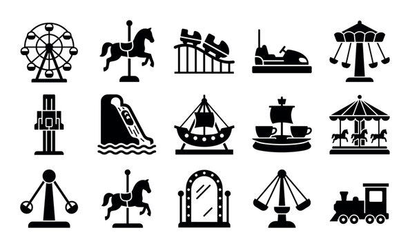 Amusement park rides UI icons with Ferris wheel, carousel horse and roller coaster for presentation design in vector art style