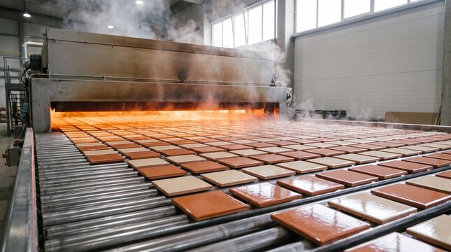 Rows of Glazed Ceramic Tiles Leaving Kiln on Rollers