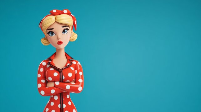 3D illustration of a sad blonde woman in polka dot clothes crossing arms