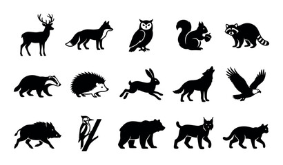 Fototapeta premium Forest animals vector icons with deer, fox and owl for presentation design in solid glyph style