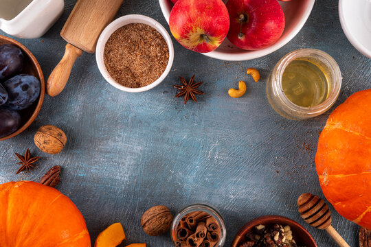 Fall baking, cooking seasonal dessert background with various ingredients