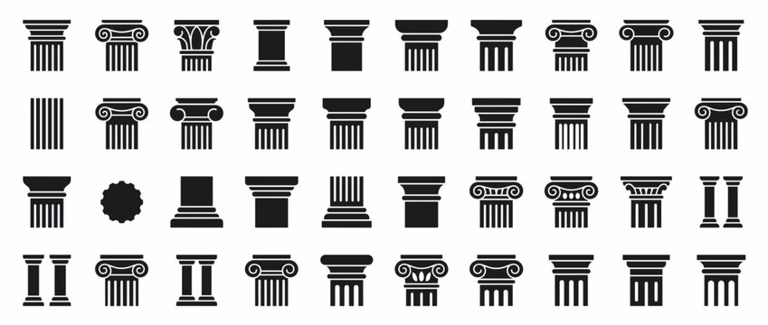 Classical Greek Roman architectural column capitals. Ancient column styles and capitals isolated on white background. Ionic, Doric, Corinthian, Tuscan, Composite, Attic, Composite-Ionic,.
