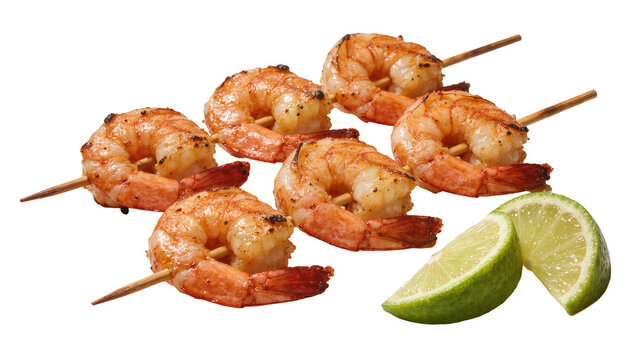 Grilled shrimp skewers with lime wedges, isolated on transparent background