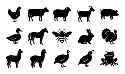 Fototapeta premium Organic farm animals vector icons with chicken, cow and goat for web design in silhouette style