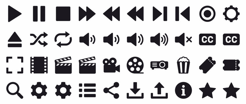 Media control icons set. Playback symbols for audio video editing. Play, Pause, Stop, Rewind, Fast Forward, Volume, Mute, Settings, Film, Camera, Search, Gear, Trash, Star. Vector illustration.