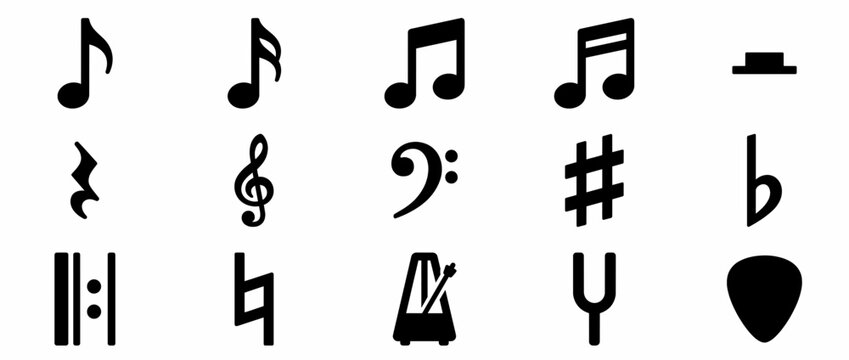Music notes and symbols icons isolated on transparent background. Musical notation symbols for design projects. Treble clef, bass clef, flat, sharp, natural, eighth note, quarter note, half note,.
