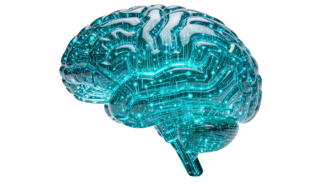Glowing blue digital brain with circuitry patterns, isolated on transparent background