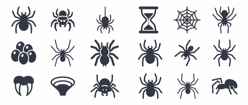 Spiders and arachnids icons set. Black and white arachnid symbols isolated on transparent background. Spider, scorpion, web, hourglass, spider egg sac. Vector illustration.