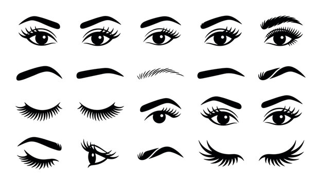 Eyelash and eyebrow designs vector icons with long eyelashes, thick brows and stylized eyebrow shapes for beauty app design in glyph style
