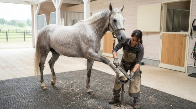 Professional farrier filing the hoof of a dapple grey horse inside a clean modern stable barn