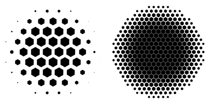 Abstract black hexagon halftone pattern set vector illustration for modern tech logo, graphic element, or isolated icon design