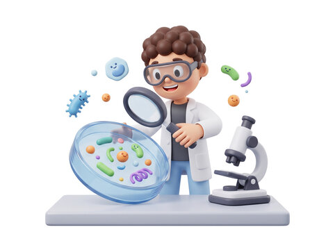 Microbiology concept showing a cheerful stylized 3D cartoon character, toy-like with smooth rounded proportions, examining a large magnified petri dish beside a small microscope and floating