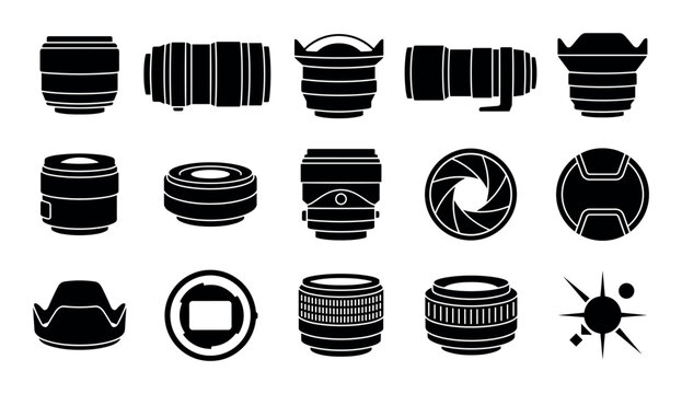 Camera lens vector icons with prime lens, zoom lens and telephoto lens for web design in glyph style.