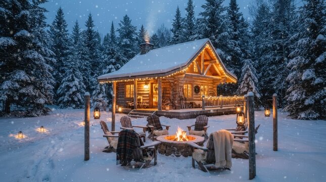 Cozy log cabin nestled in a snowy forest with a glowing outdoor fire pit at twilight in winter