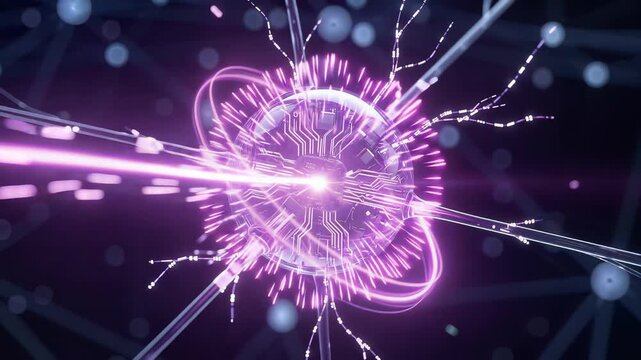 Futuristic quantum reactor core generating brilliant purple plasma energy beams and glowing circuits inside a dark cybernetic laboratory during a high energy physics experiment test. 4K