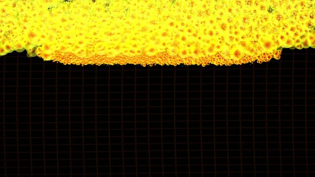 Glowing yellow and orange bubble particles cascade along top edge over black grid background, animated abstract backdrop with copy space for text and titles