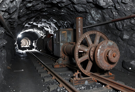 Mining industry history and industrial heritage, vintage locomotive engine on tracks inside a dark underground coal mine tunnel with rocky walls