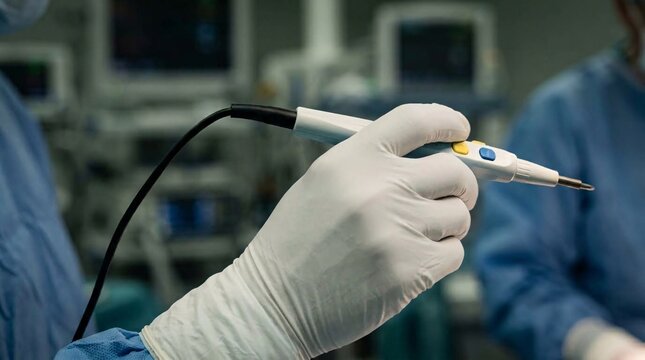 Close-up of a surgeon's gloved hand holding an electrosurgical cautery unit pencil tool used for tissue cutting and hemostasis during surgery.