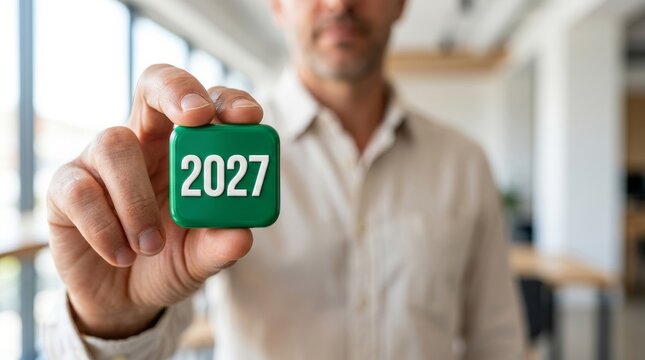Close-up of a hand holding a green block with 2027 in focus, hinting at future concept.