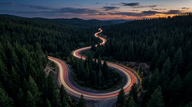 Long exposure traffic lights create glowing curves along a winding switchback road surrounded by dense evergreen mountain forest.