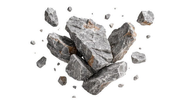 Jagged grey stone fragments suspended in air, isolated on transparent background