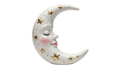 Ceramic crescent moon with closed eyes and golden stars, isolated on transparent background © Dan