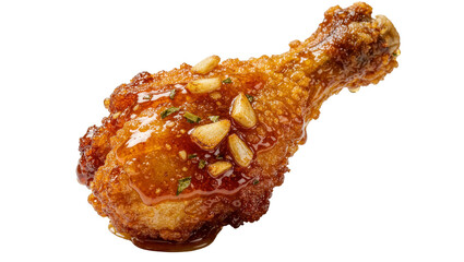 Crispy fried chicken drumstick with sweet glaze and chopped nuts, isolated on transparent background © Dan