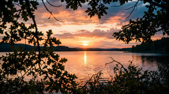 Beautiful sunset over calm lake with silhouetted trees framing the colorful sky