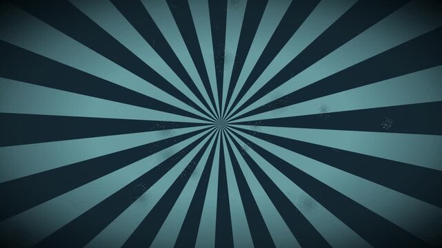 Retro rotating sunburst pattern features dark teal rays. grainy vintage texture creates nostalgic motion background.