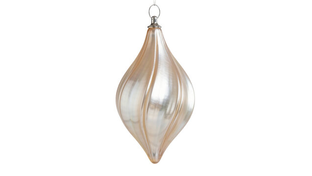 Elongated teardrop shaped glass Christmas ornament with spiral texture, isolated on transparent background