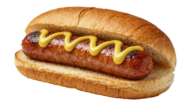 Grilled sausage with mustard in a bun, isolated on transparent background