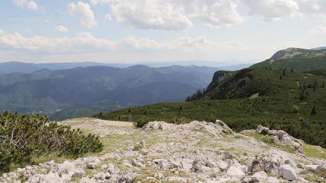 A mountain view shows rocky ground and green plants with hills in the distance.