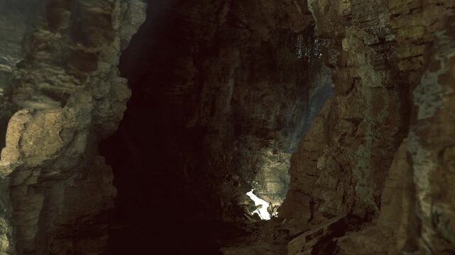 Hang son doong golden beam composition frames vertical sunlight falling on mossy ledge against towering rock walls, warm tonal range and contrast suited