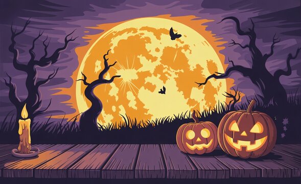 Spooky halloween background featuring carved jack-o-lantern pumpkins on a wooden deck under a full moon halloween decorations spooky night pumpkins