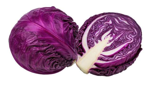 Whole red cabbage and half cut showing layered texture, isolated on transparent background