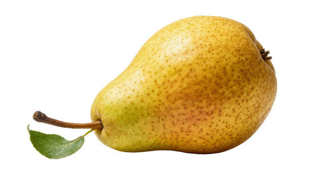 Ripe yellow pear with green leaf and stem, isolated on transparent background