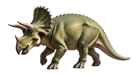 Green triceratops dinosaur with three horns and frill, isolated on transparent background © Dan